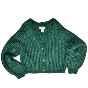 Jessica Simpson Emerald Green Knit Cardigan Jeweled Buttons V-Neckline Size M
